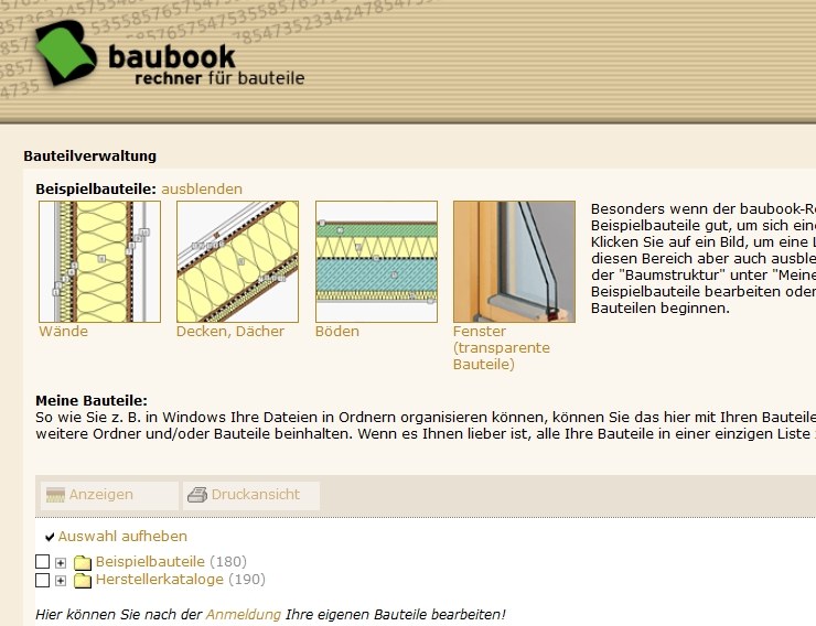 screenshot baubook rechner für bauteile